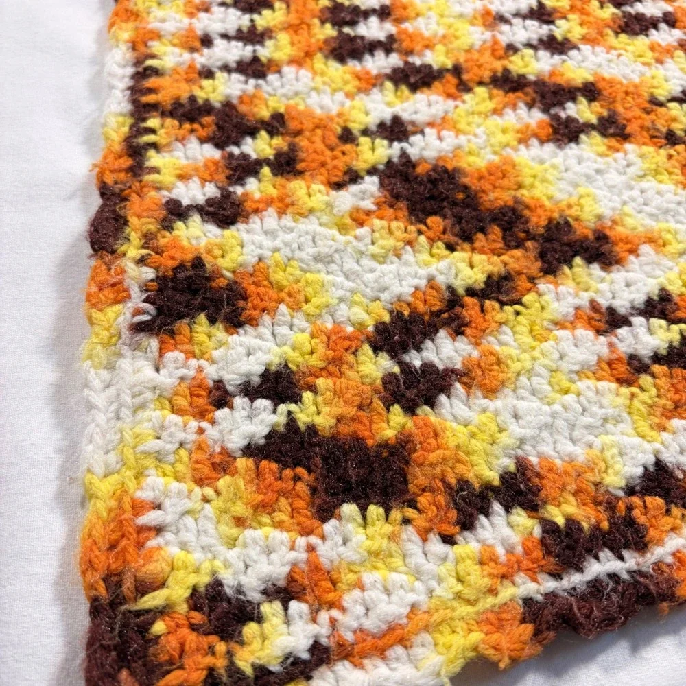 Vintage 70's Handmade Crochet Afghan Throw Blanket Orange Yellow Brown 64x44